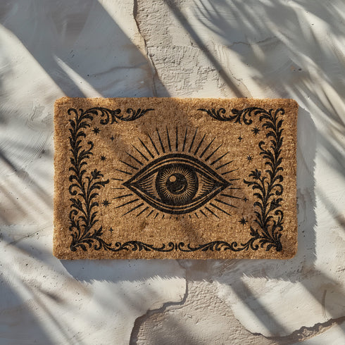 A 24x16 inch rectangular outdoor doormat made of eco-friendly coconut coir with a black vinyl backing. The mat features a central evil eye design radiating with detailed rays and surrounded by swirling ornamental scrollwork and small stars. Designed for witchy home entryways, it offers protection and style for porches, patios, and thresholds.